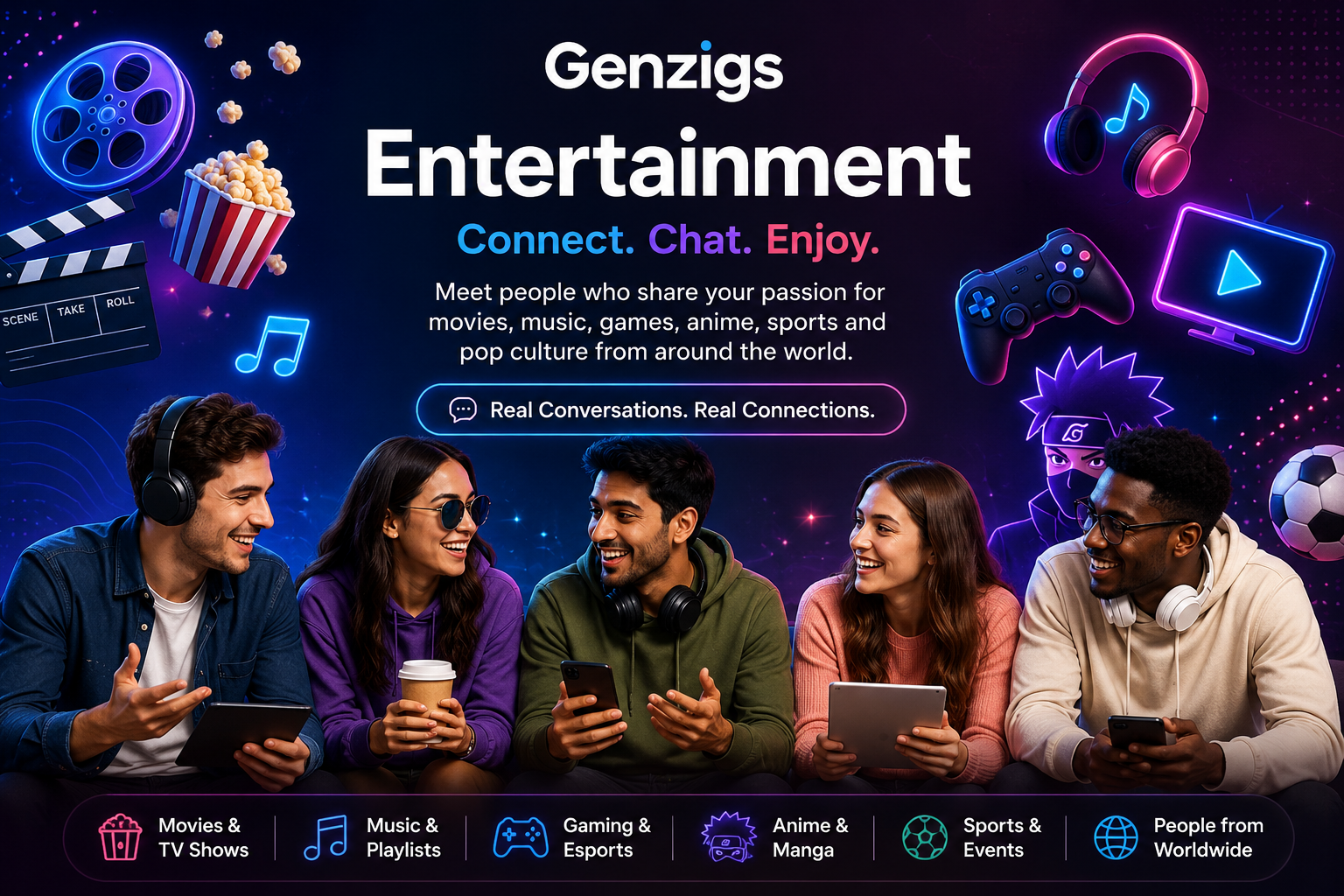 Entertainment interest hero banner on Genzigs showing people chatting about movies, music, gaming, anime, sports, and pop culture with colorful entertainment icons.