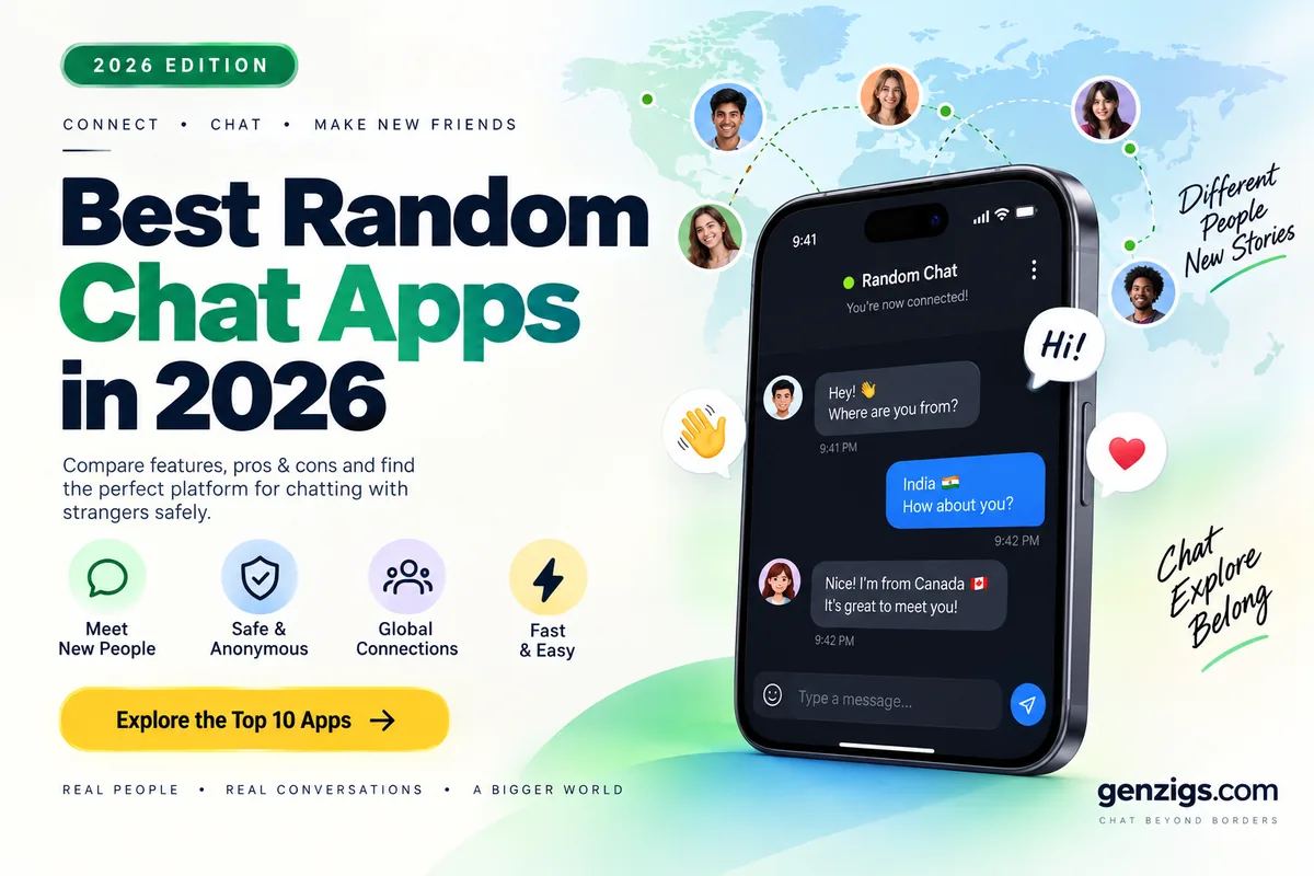 Smartphone showing a random chat conversation beside a 2026 app comparison headline
