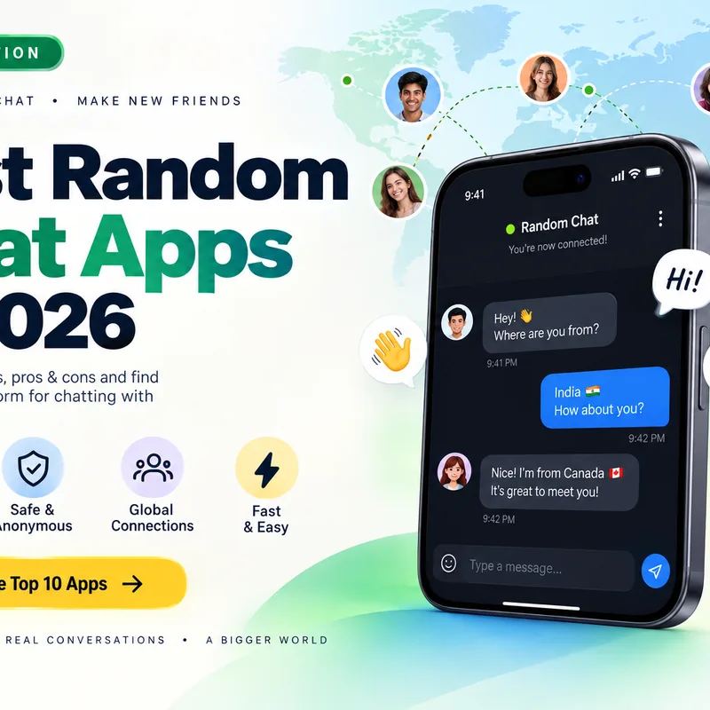 Smartphone showing a random chat conversation beside a 2026 app comparison headline