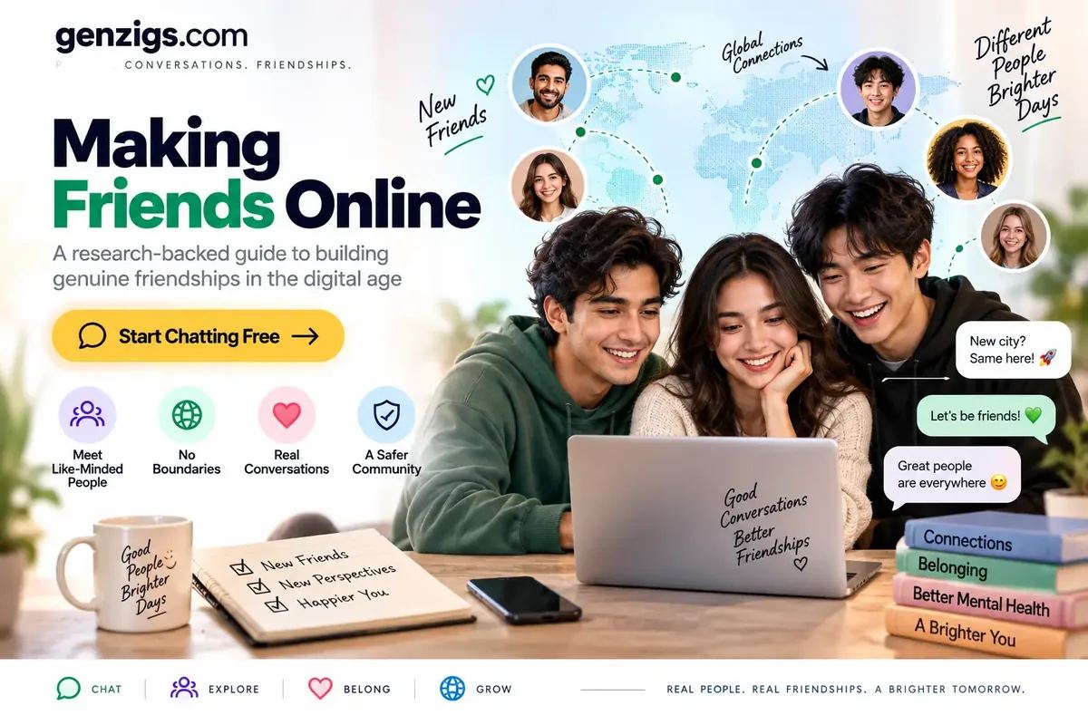 Three friends laughing at a laptop while meeting new people through online chat
