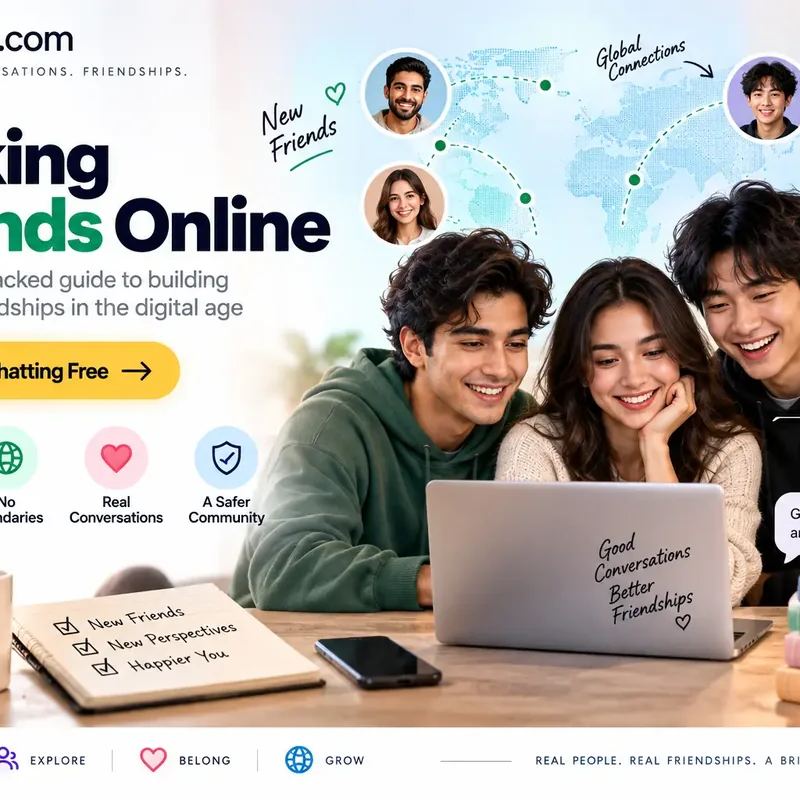 Three friends laughing at a laptop while meeting new people through online chat