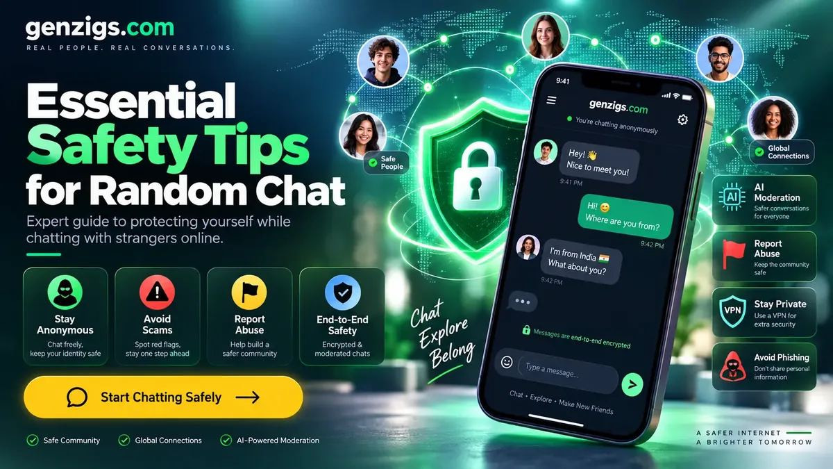 Green security shield beside a phone chat screen showing safe anonymous messaging