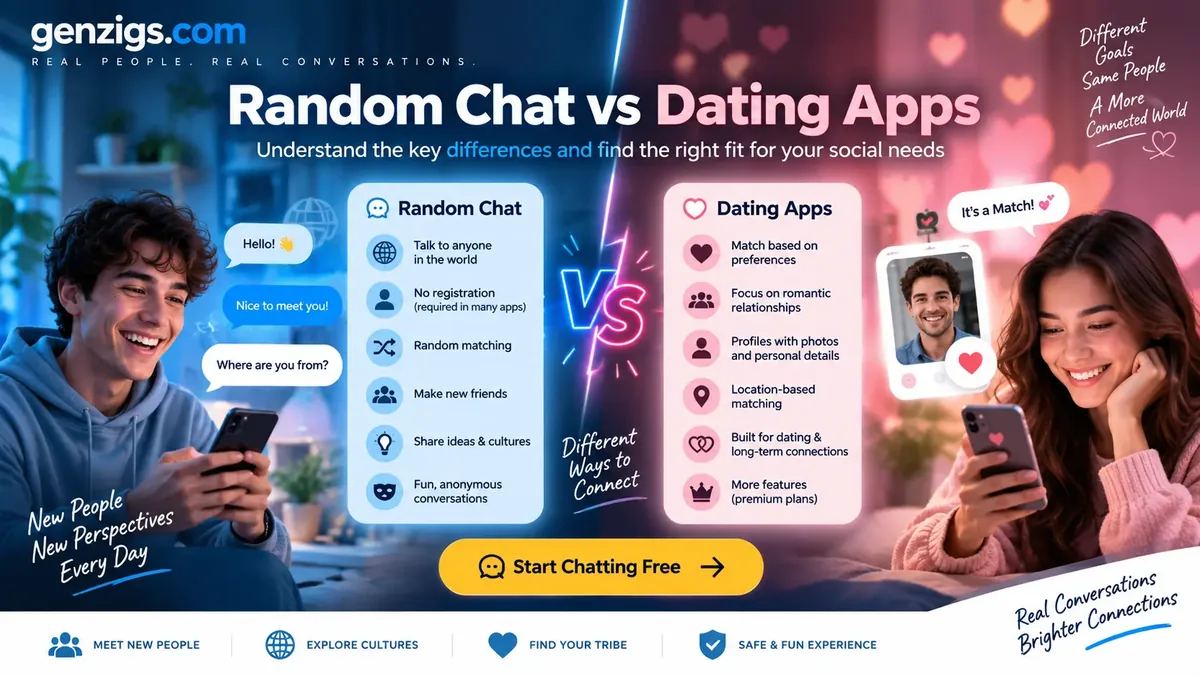 Side-by-side comparison of random chat features against dating app features